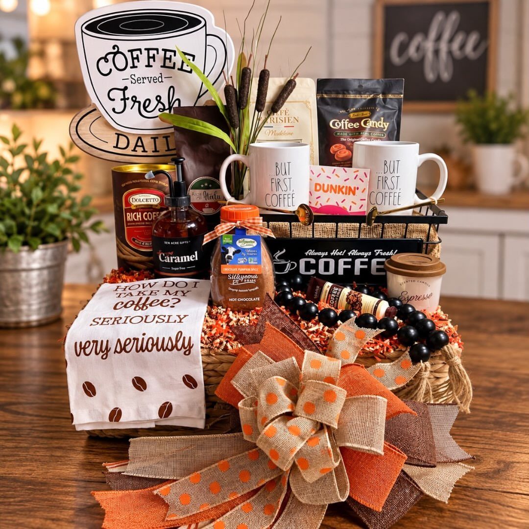 Coffee gift basket with mugs, coffee beans, and a large orange polka-dot bow.