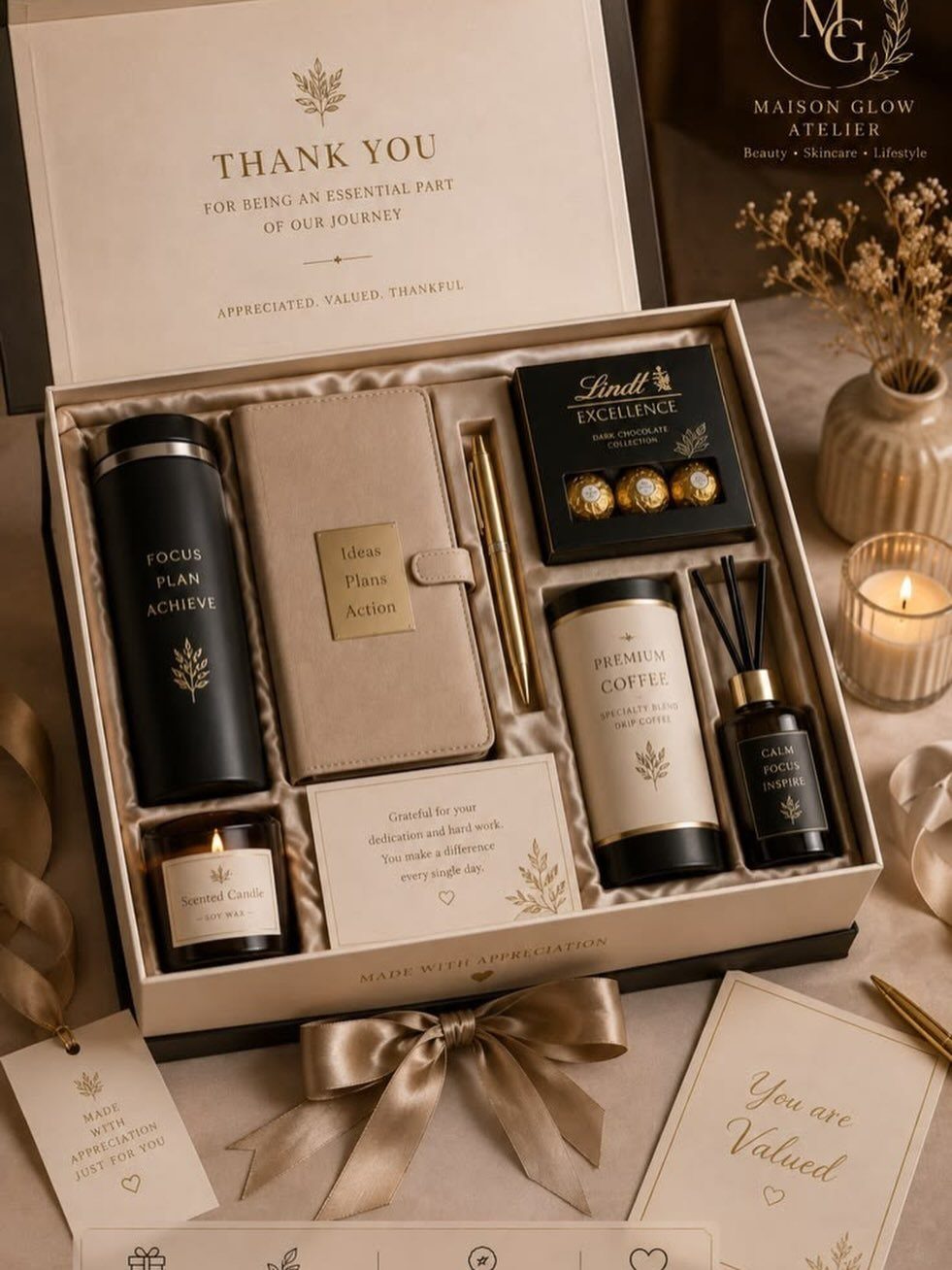 Corporate gift box with thermos, planner, coffee, chocolates, and candles in beige packaging.