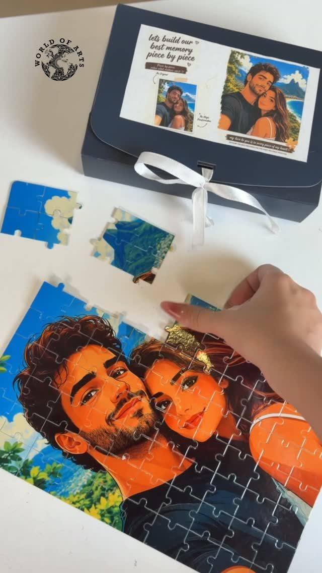17 Anniversary Boyfriend Gifts He'll Actually Use (2026) 14 Custom jigsaw puzzle of a couple being assembled next to a gift box.