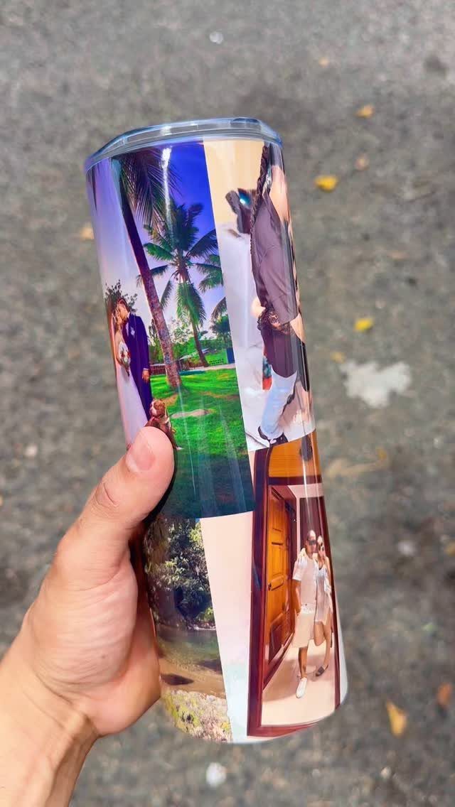 17 Anniversary Boyfriend Gifts He'll Actually Use (2026) 4 Custom coffee tumbler wrapped in a photo collage of a couple, held by hand.