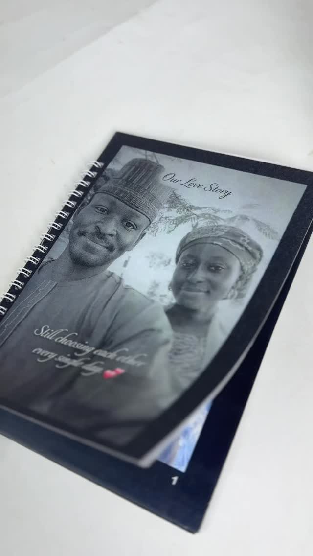 17 Anniversary Boyfriend Gifts He'll Actually Use (2026) 10 Spiral-bound love story book open to a black and white photo of a couple.