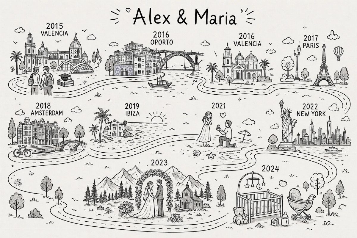 17 Anniversary Boyfriend Gifts He'll Actually Use (2026) 12 Illustrated travel map showing a couple's journey through various cities and life milestones.