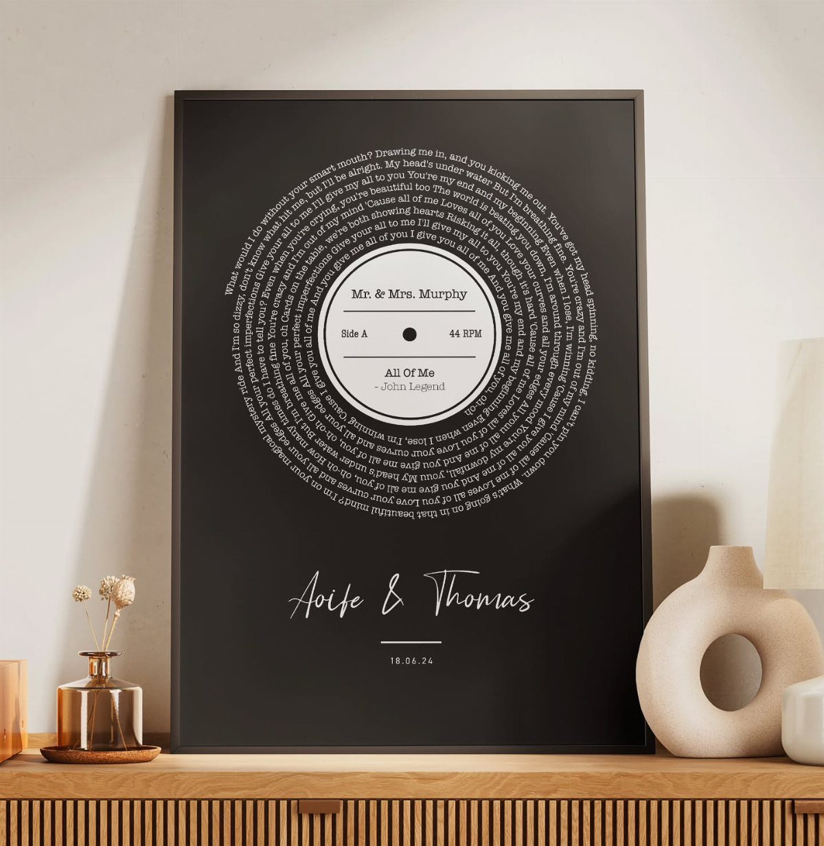 17 Anniversary Boyfriend Gifts He'll Actually Use (2026) 9 Framed black poster with a vinyl record design made of song lyrics.