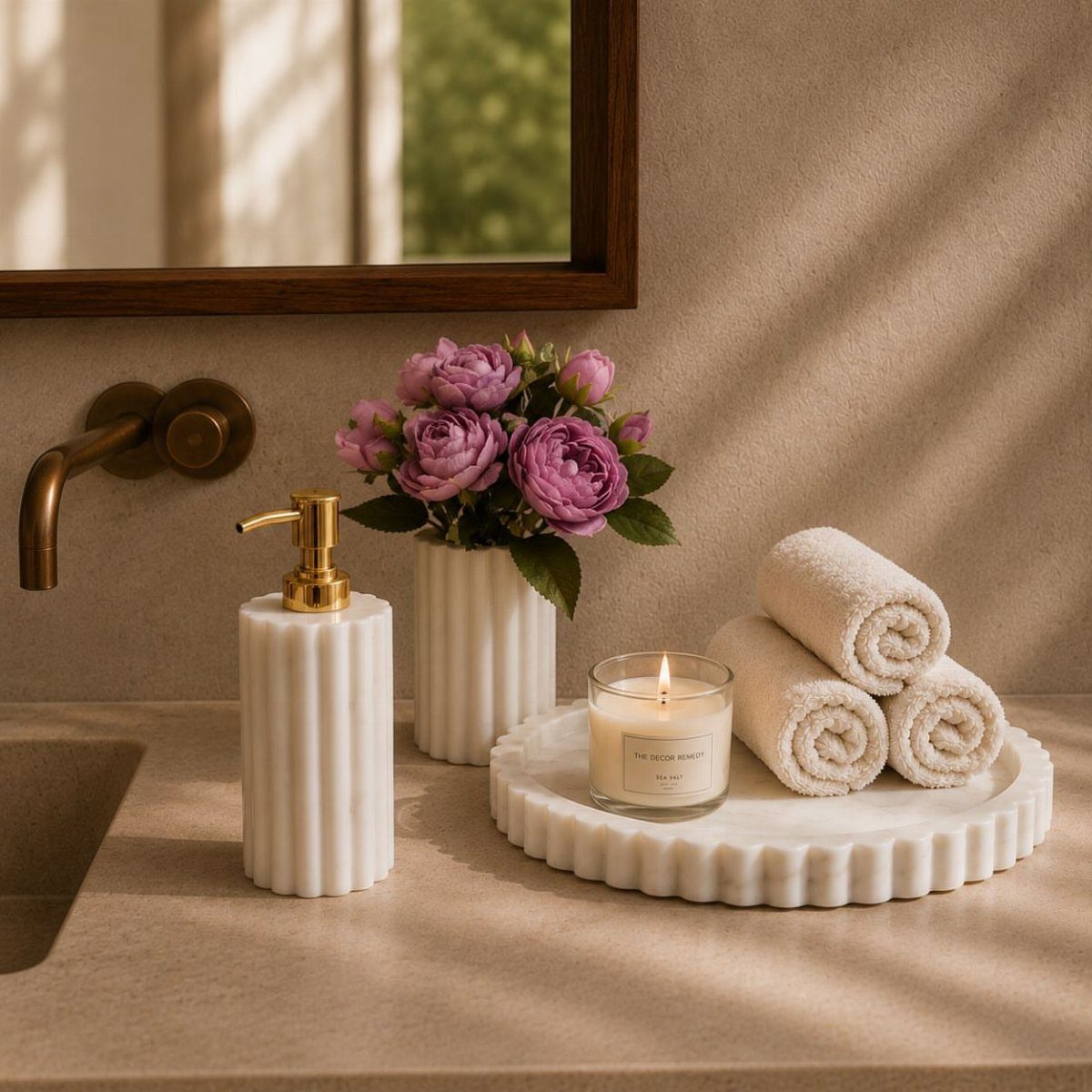 8 Bathroom Gift Ideas for Spa Nights and Everyday Use 8 White scalloped organization tray with a candle and rolled towels on a counter.