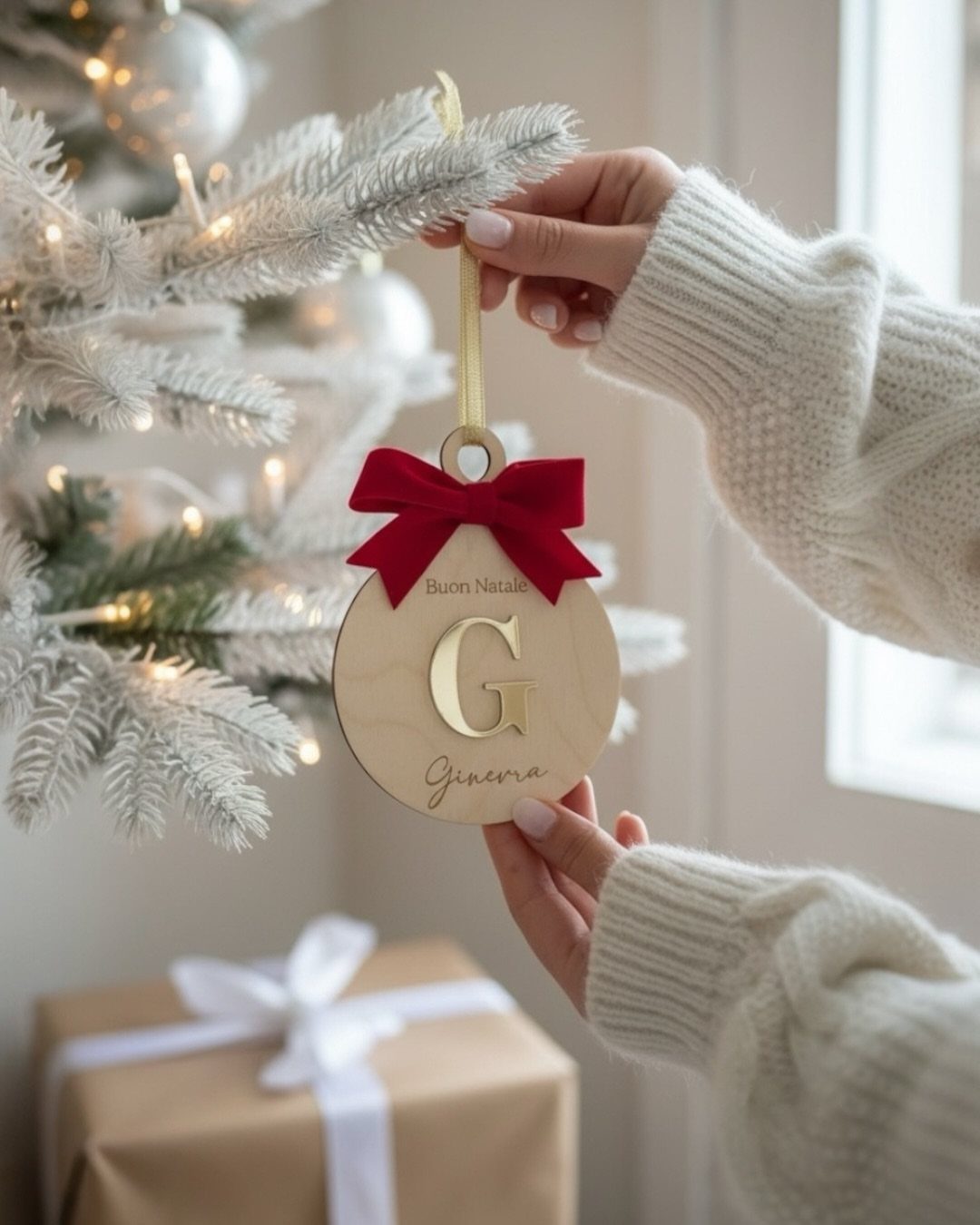 Wooden Christmas ornament with a red bow and personalized engraving held by hands.