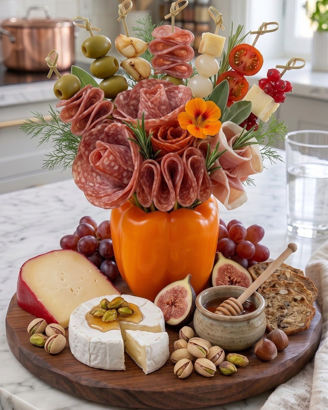 Charcuterie bouquet in an orange bell pepper on a wooden board with cheeses.