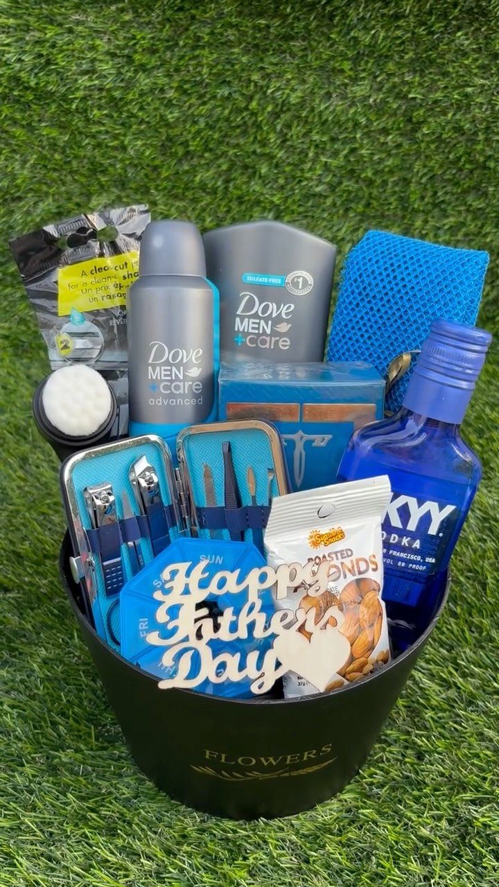 9 Cheap Fathers Day Gifts with Handmade and Easy Ideas 5 Father's Day gift bucket with grooming products, vodka, snacks, and a wooden sign.