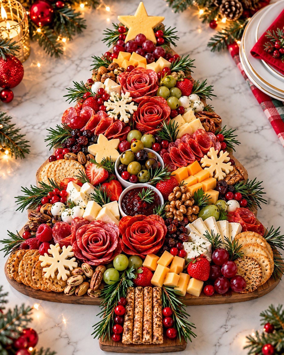 Christmas Gift Baskets for Family: 7 Ideas for Every Age 3 Charcuterie board arranged as a Christmas tree with meats, cheeses, and fruits.