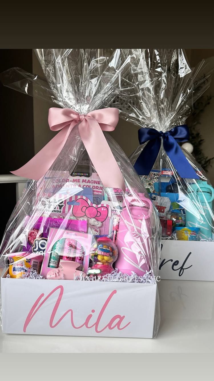 Christmas Gift Baskets for Family: 7 Ideas for Every Age 1 Personalized gift boxes wrapped in cellophane with names and themed toys inside.