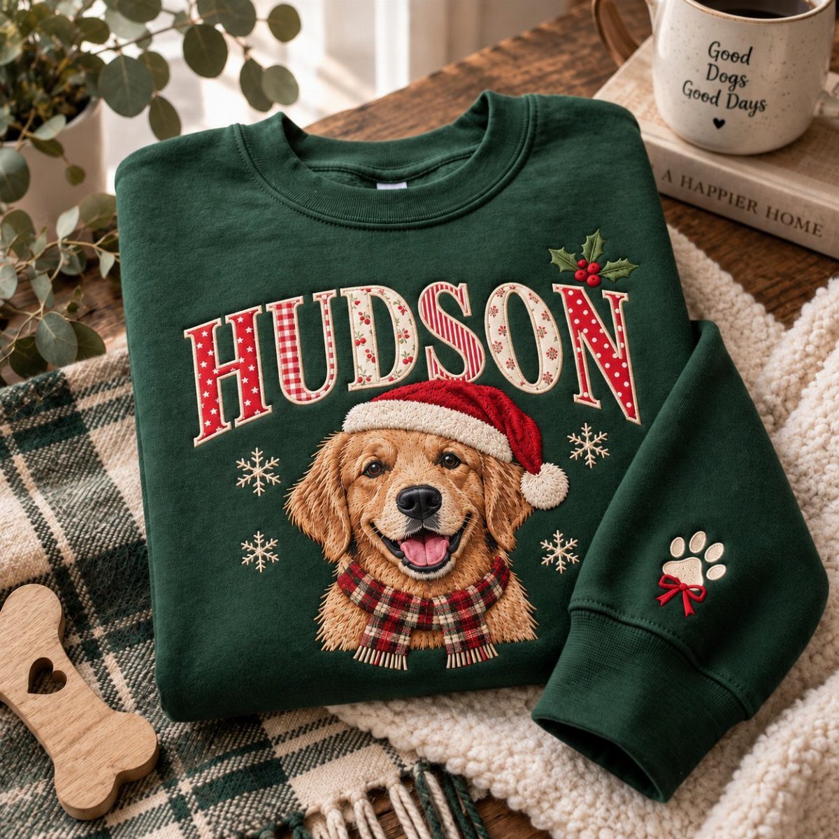 11 Christmas Gifts for Adults, From Waffle Makers to Desks 5 Green sweatshirt with a custom Golden Retriever illustration wearing a Santa hat and scarf.