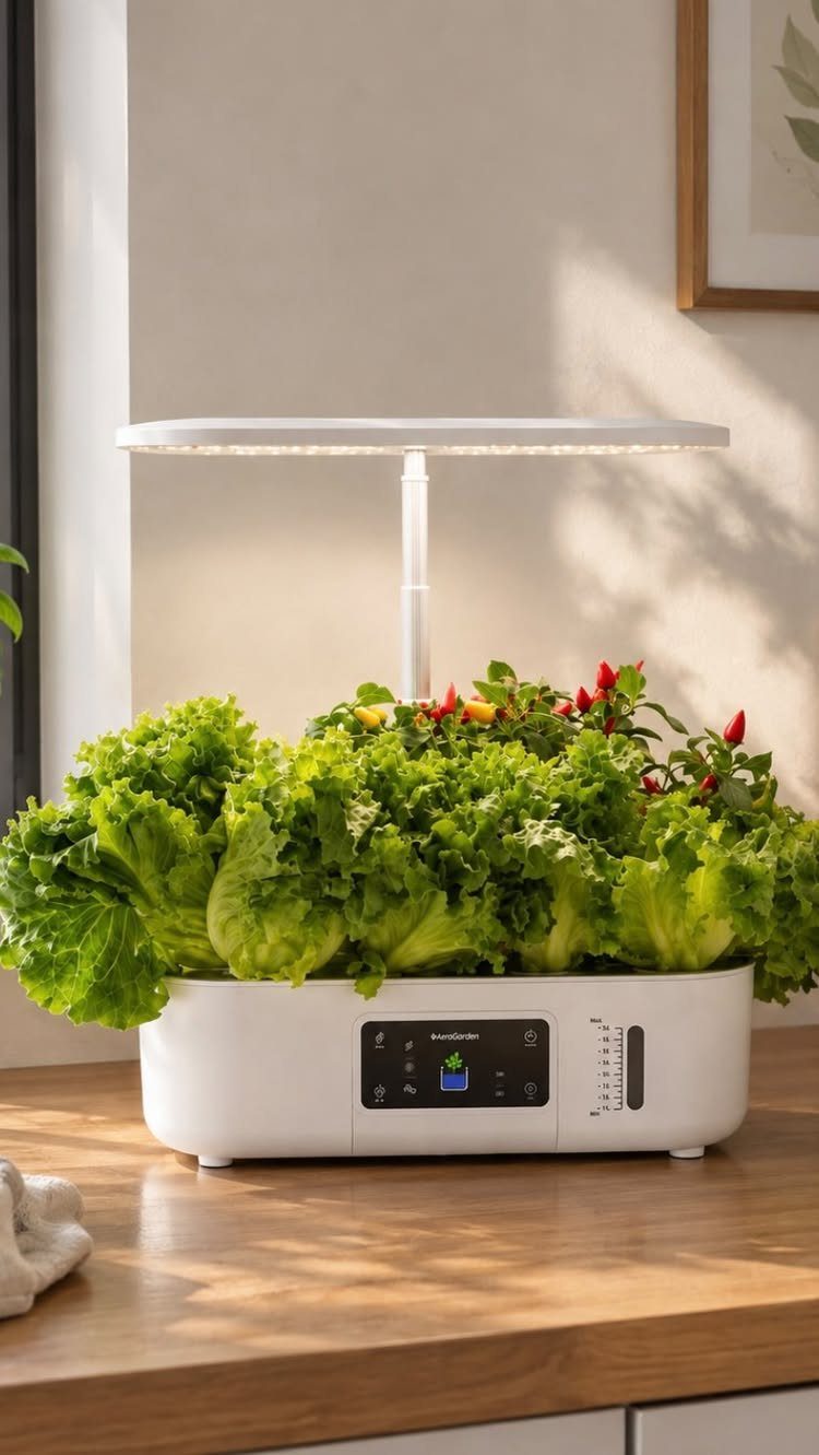 11 Christmas Gifts for Adults, From Waffle Makers to Desks 3 Indoor hydroponic garden system with green lettuce and red peppers under LED light.