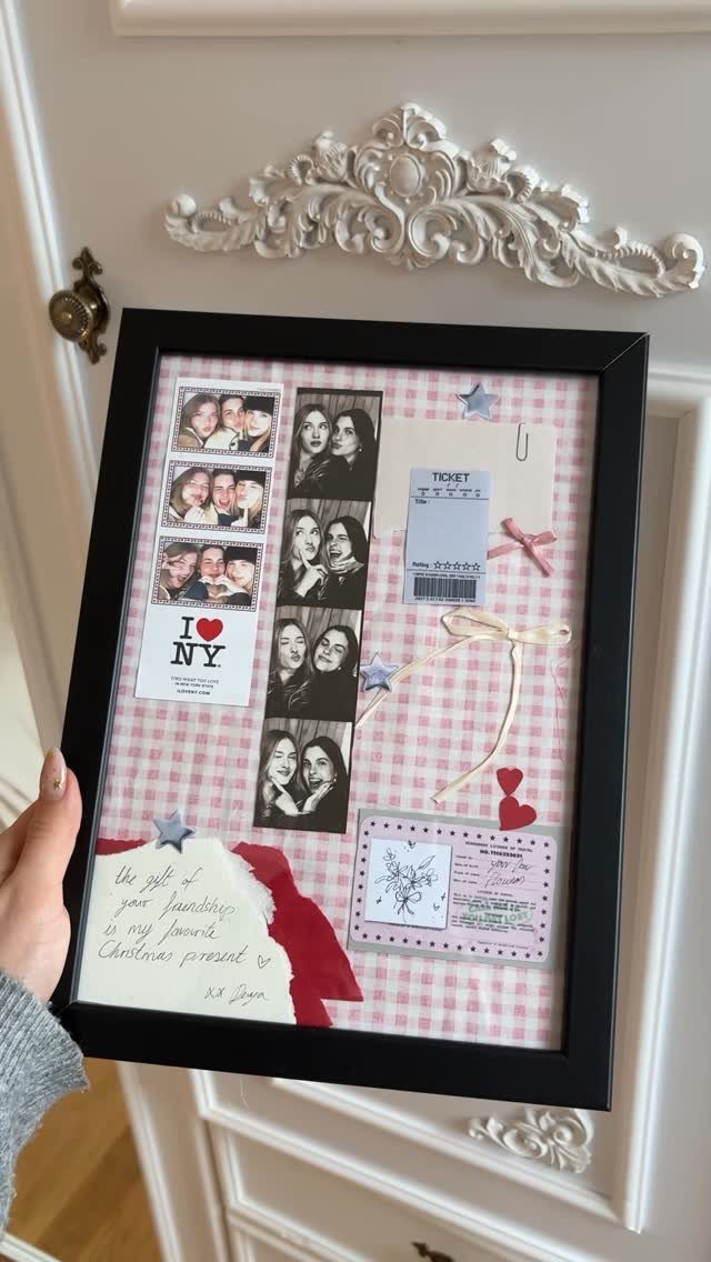 25 Christmas Gifts to Make at Home: Candles to Cookies 16 Black photo frame containing a personalized collage of pictures, tickets, and handwritten notes.