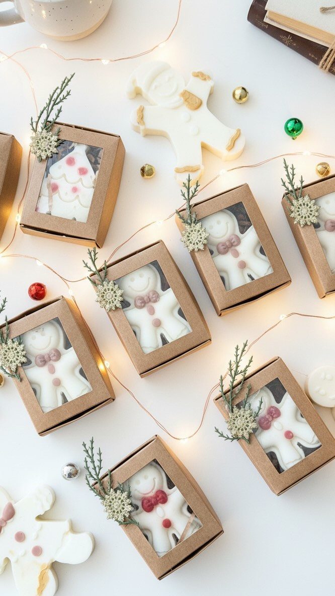 25 Christmas Gifts to Make at Home: Candles to Cookies 18 Gingerbread-shaped handmade soaps in decorated brown gift boxes with festive fairy lights.