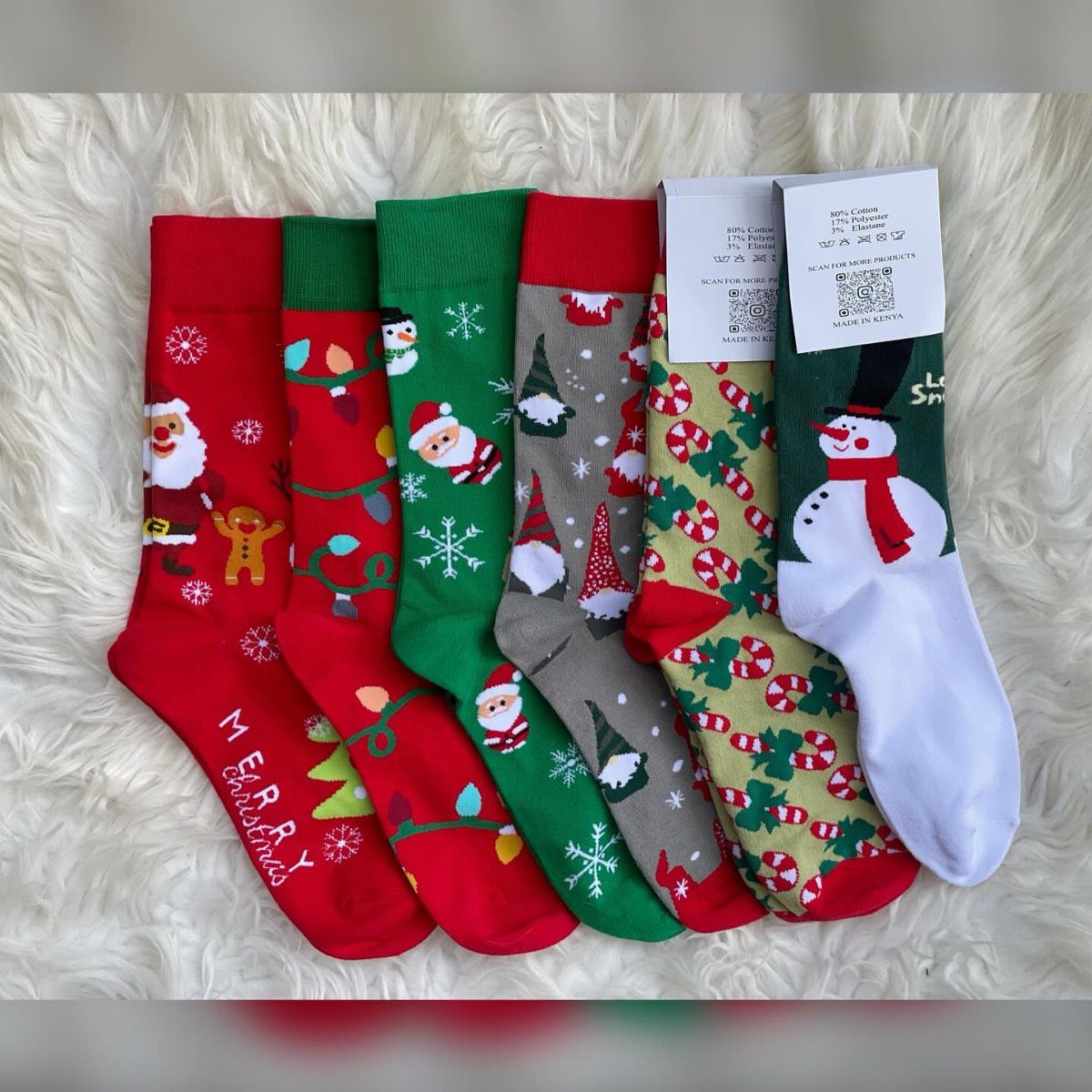 Christmas Stocking Gifts: 8 Small Ideas, Socks to Puzzles 3 Six pairs of festive Christmas socks with holiday patterns on white faux fur.