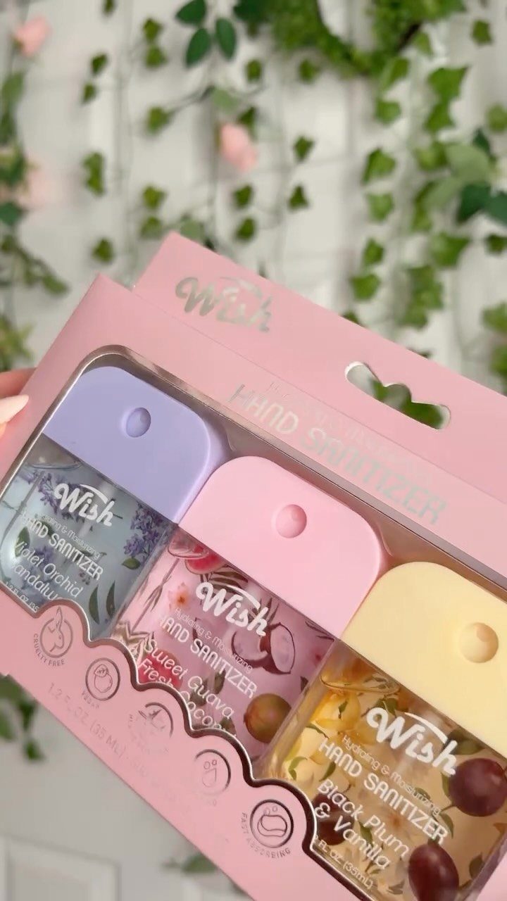 Christmas Stocking Gifts: 8 Small Ideas, Socks to Puzzles 8 Three colorful bottles of scented hand sanitizer in a pink retail package.