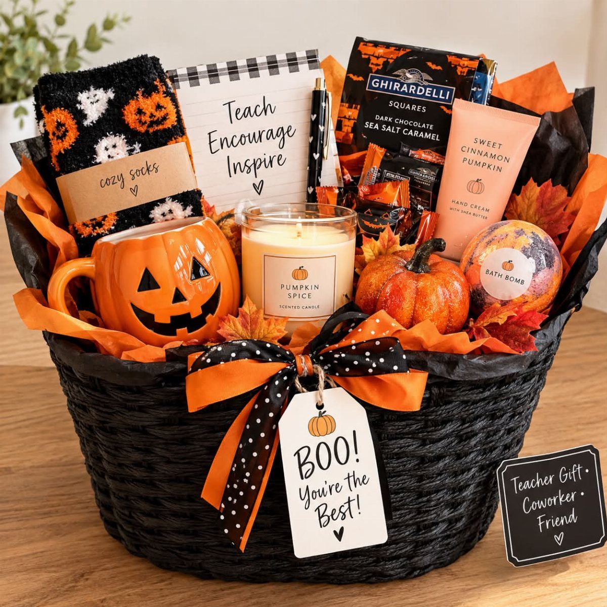 10 Cozy Gift Basket Ideas, from Spa Sets to Pumpkin Spice 8 Autumn gift basket with pumpkin mug, candle, chocolate, and cozy socks in black basket