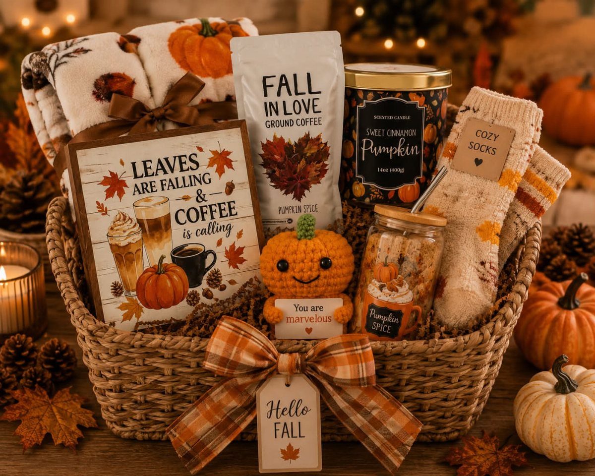 10 Cozy Gift Basket Ideas, from Spa Sets to Pumpkin Spice 7 Autumn gift basket with coffee, pumpkin candle, cozy socks, and a patterned blanket.