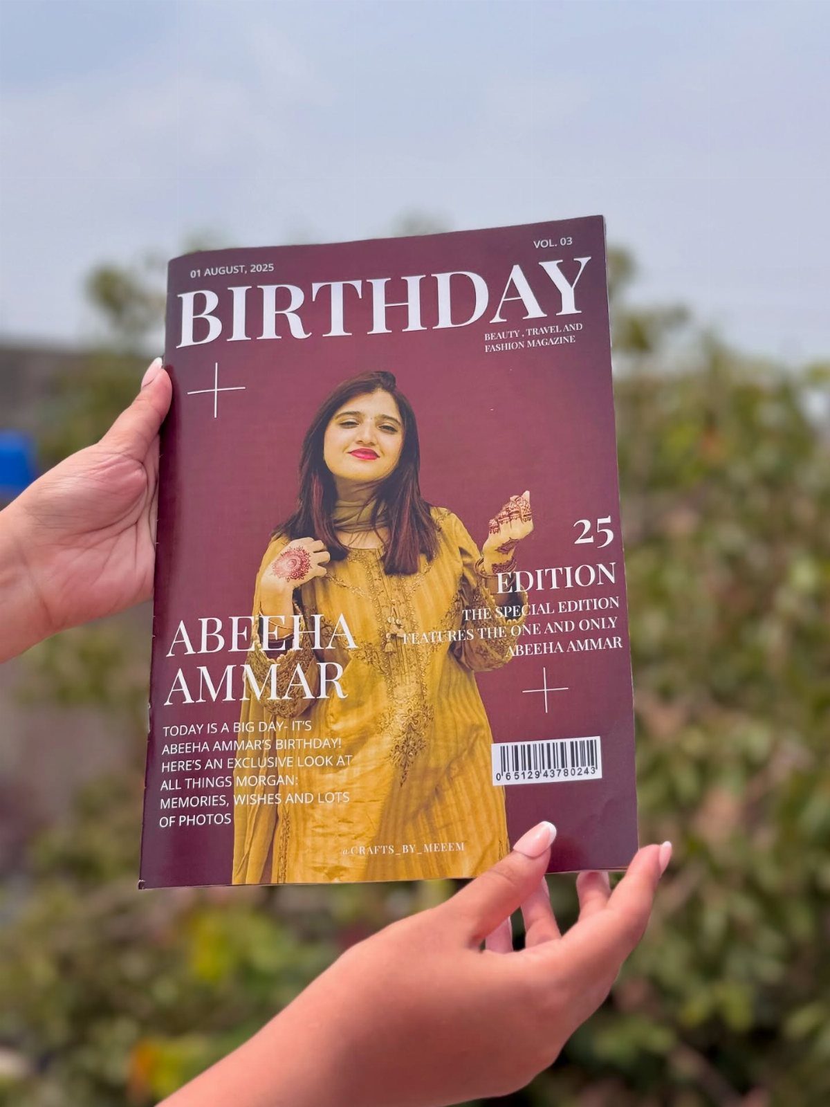 17 Creative Birthday Gifts for Friends and Family 11 Custom birthday magazine cover featuring a woman, held by two hands outdoors.