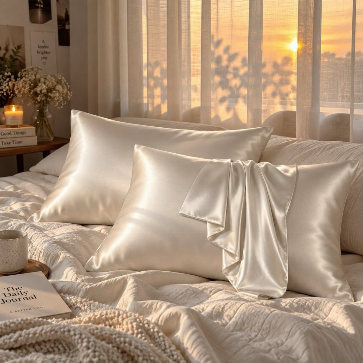 17 Creative Birthday Gifts for Friends and Family 17 White satin pillowcases on a cozy bed with warm sunlight and a journal.
