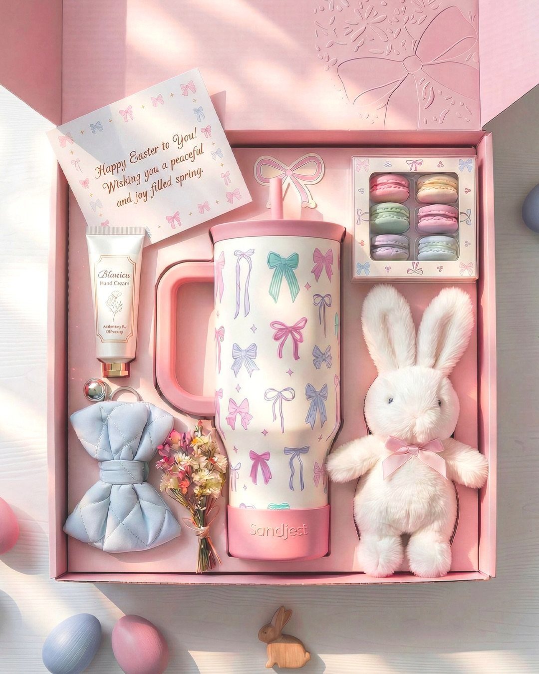 Easter Gift Box Ideas: 6 Options From Baskets to Bakery 4 Pink Easter gift box with a plush bunny, bow-patterned tumbler, and pastel macarons.