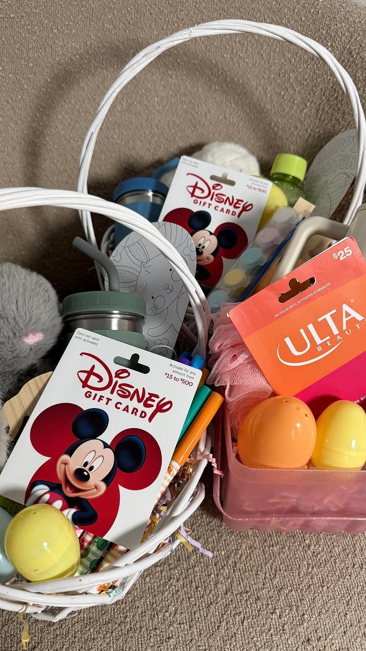 10 Easter Gifts for Young Adults They'll Actually Use 4 White Easter baskets filled with gift cards, colorful eggs, and various small gifts.