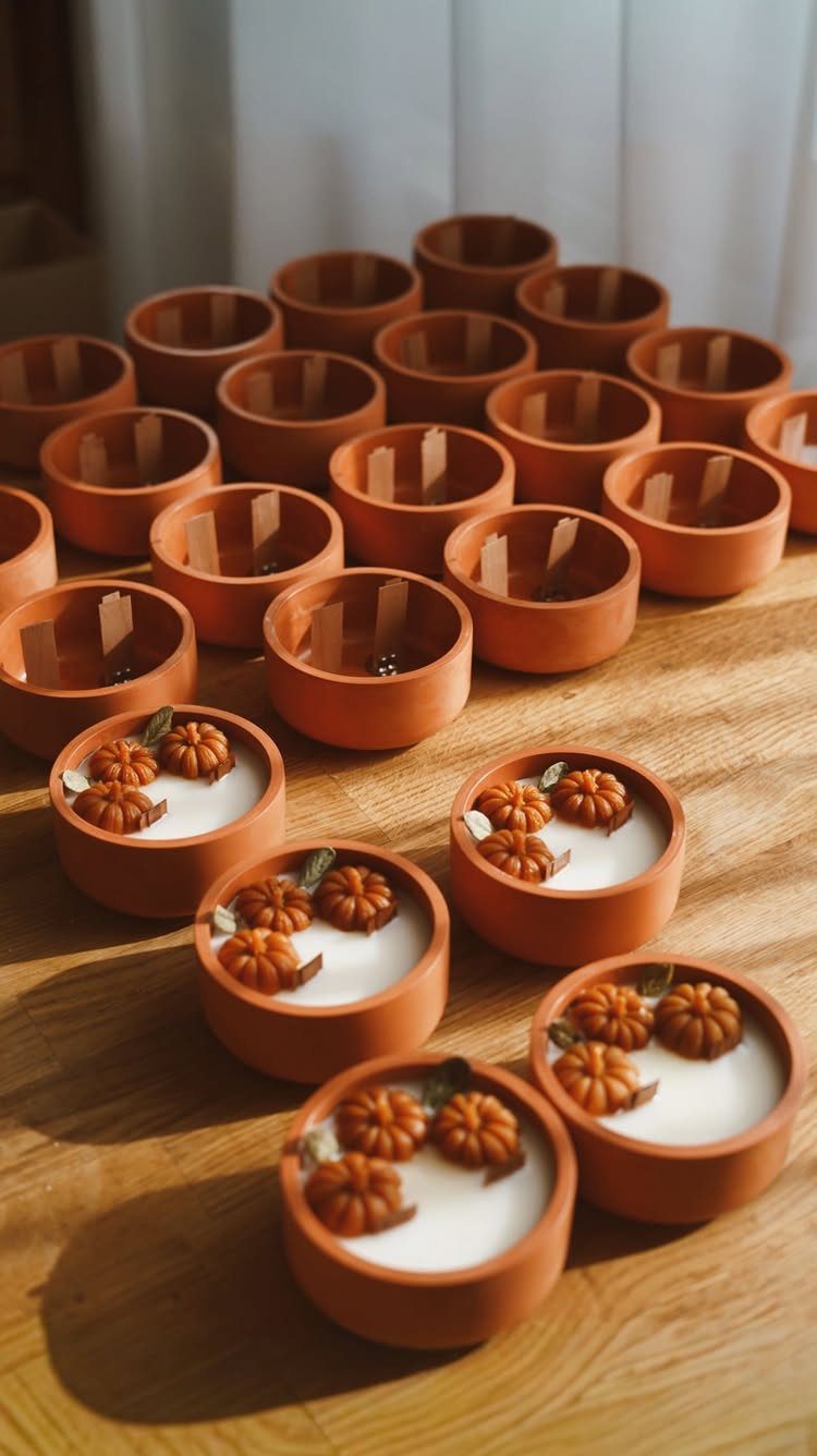 13 Fall Gifts for Women, From Cozy Socks to Cookbooks 1 Terracotta pot candles topped with small orange pumpkins on a wooden table.