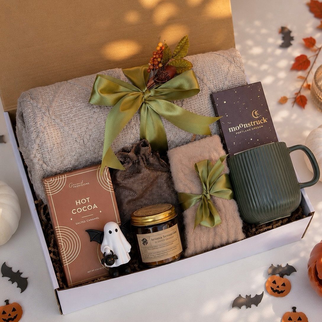 13 Fall Gifts for Women, From Cozy Socks to Cookbooks 13 Gift box with cozy blanket, green mug, hot cocoa, and autumn decorations.