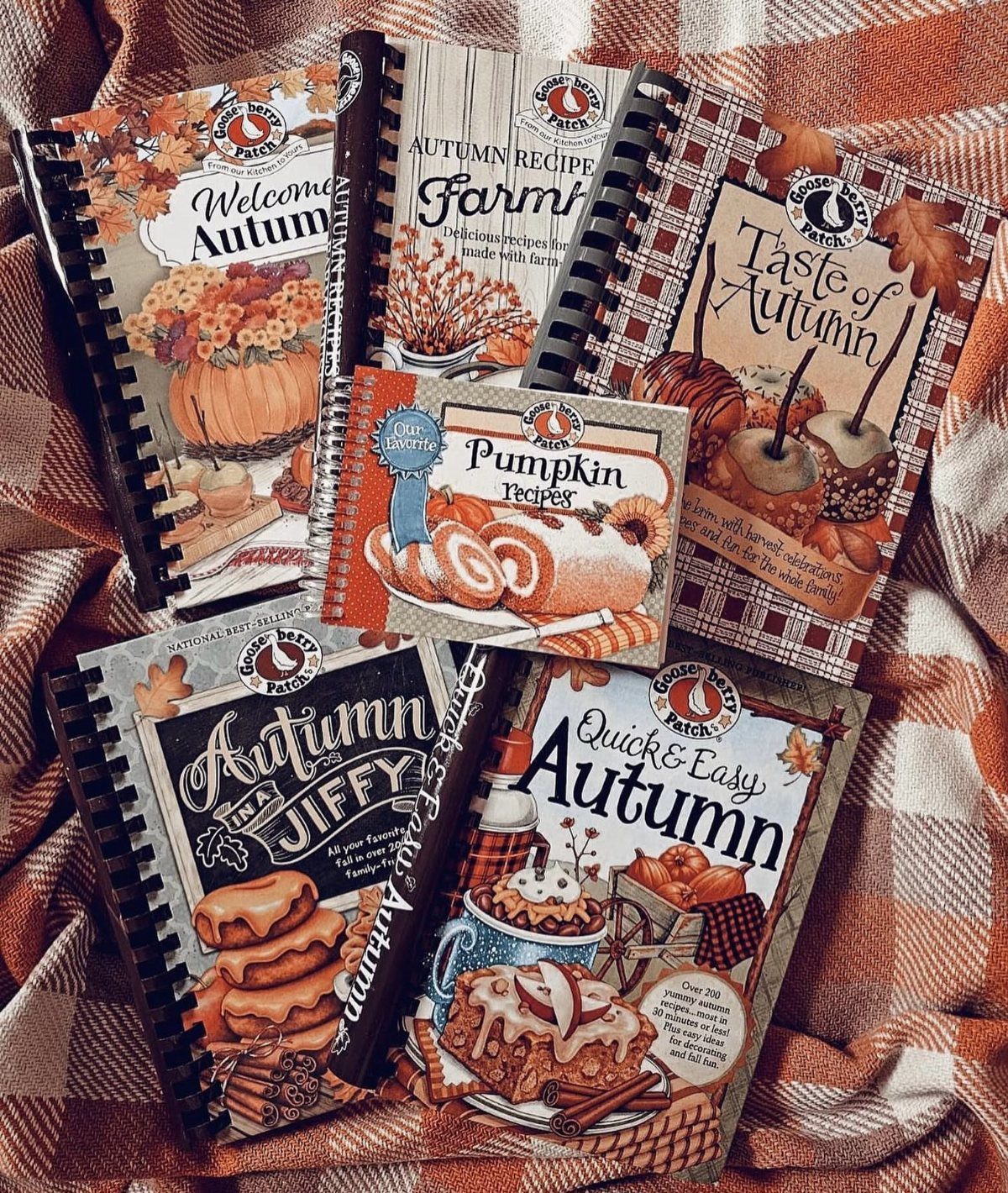 13 Fall Gifts for Women, From Cozy Socks to Cookbooks 12 Six autumn-themed cookbooks with food illustrations resting on a checkered orange cloth.
