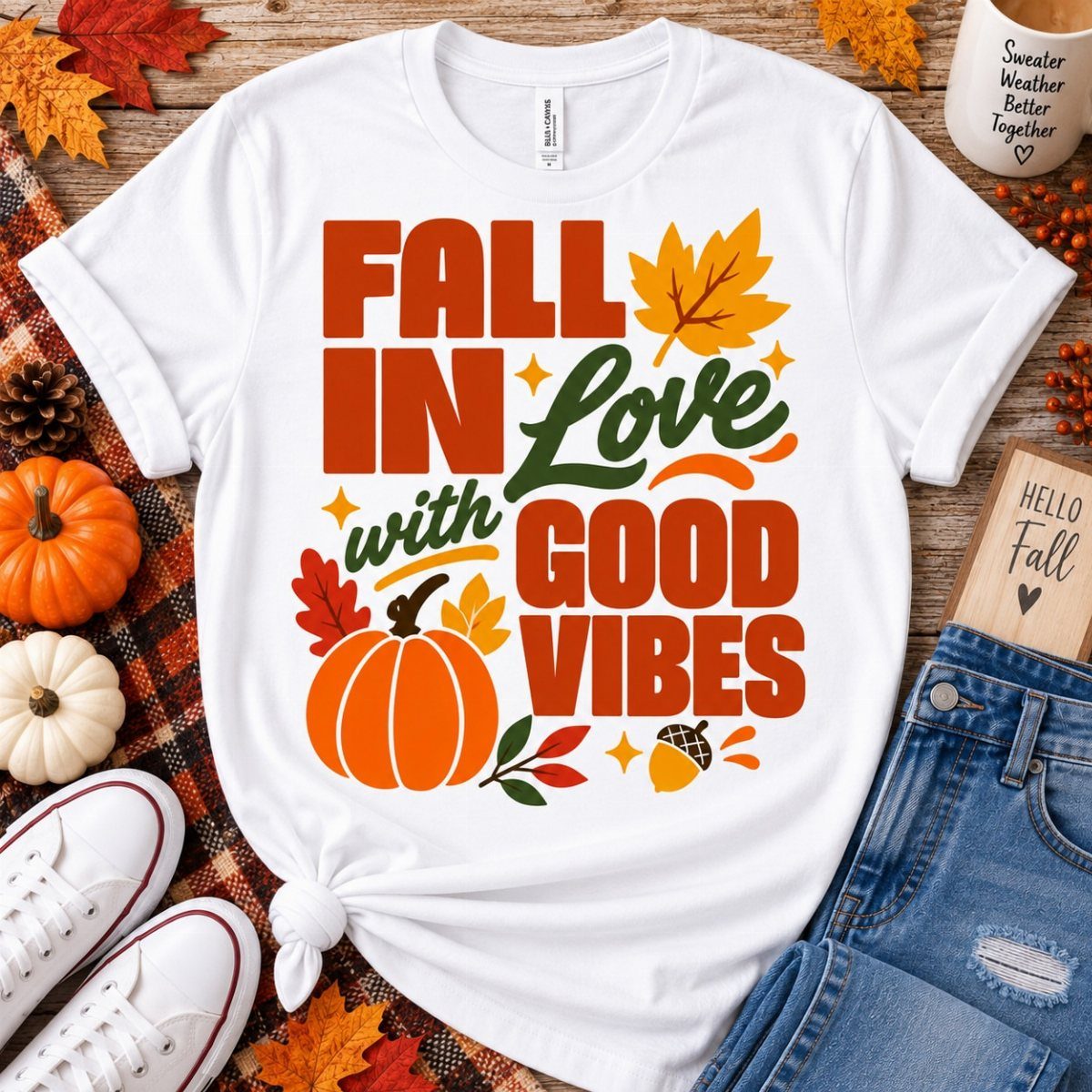 8 Fall Inspired Gifts for Cozy Autumn Gatherings 6 White t-shirt with fall graphics and text surrounded by autumn leaves and pumpkins.