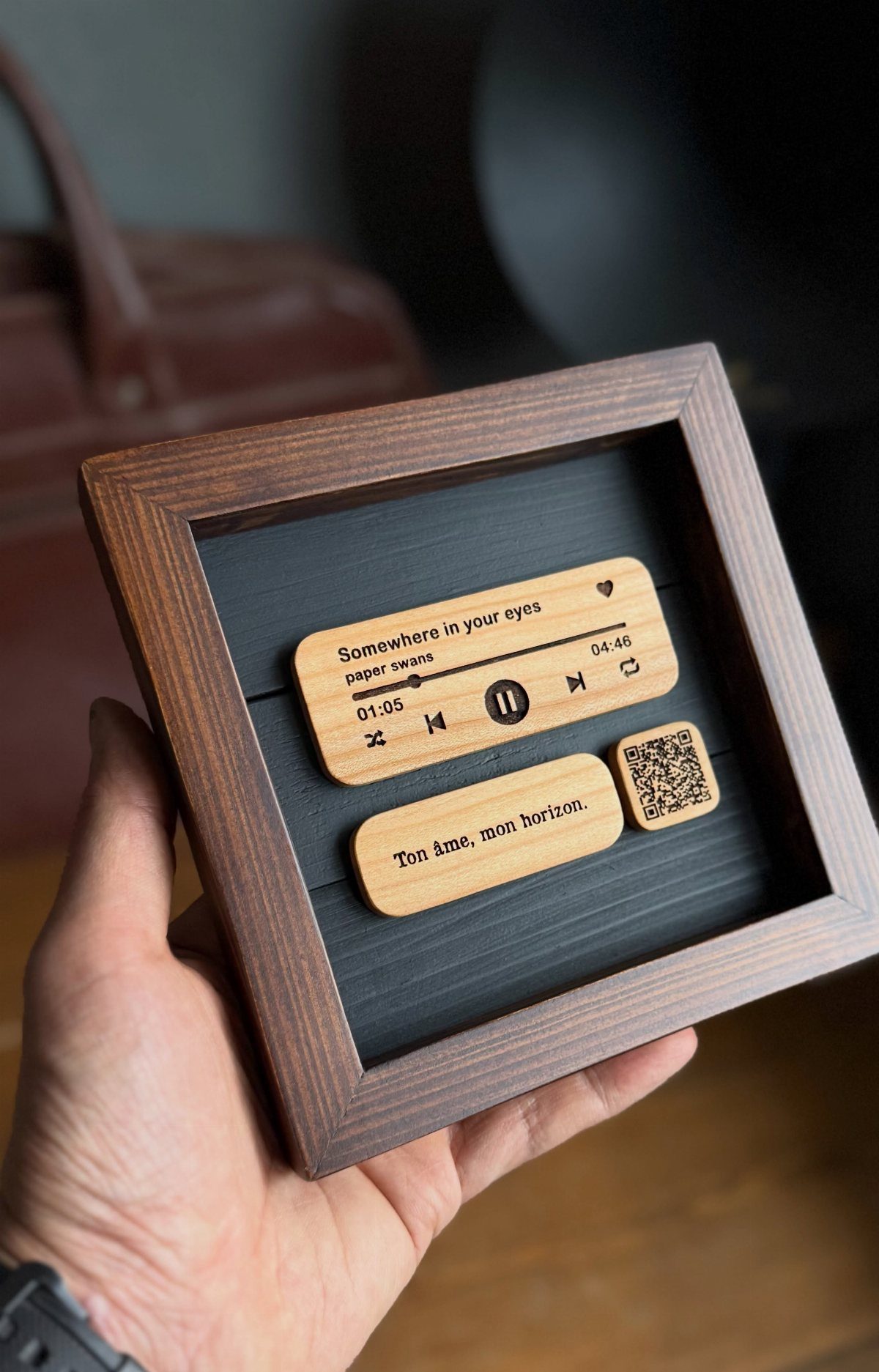 8 Fall Inspired Gifts for Cozy Autumn Gatherings 3 Wooden music player plaque in a frame with engraved song titles and QR code