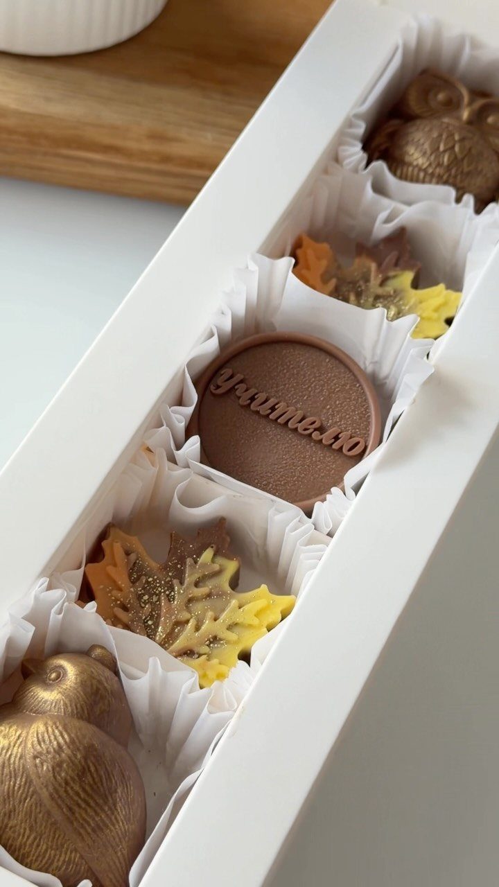 Assorted autumn-themed chocolates in a white gift box including owls and leaves.