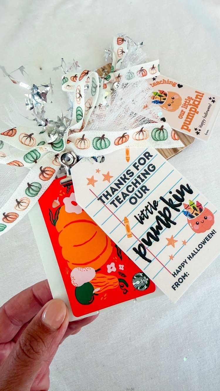 Red gift card with pumpkin art and a themed teacher appreciation gift tag.