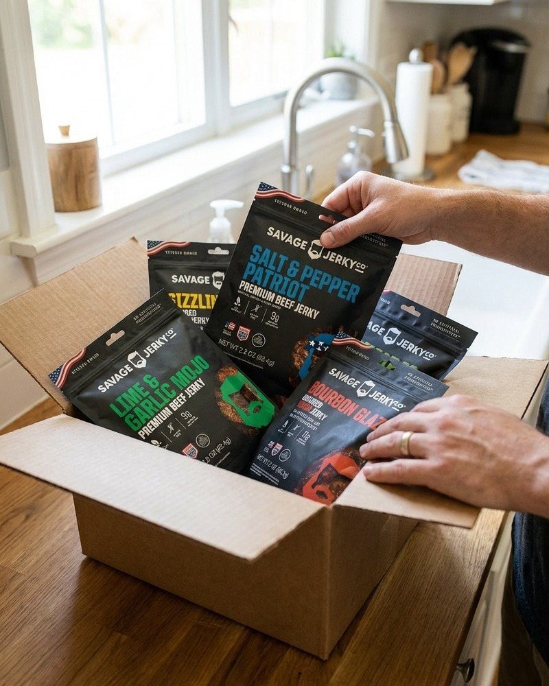 Hands unpacking a cardboard box filled with various flavors of craft beef jerky.