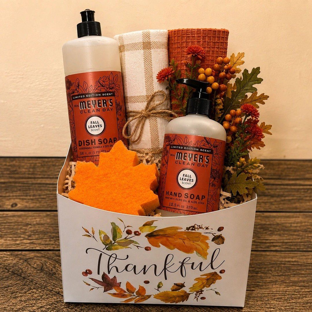 15 Friendsgiving Gift Ideas for Hosts and Guests 5 Autumn gift basket with soaps, dish towel, and fall leaves on wooden table