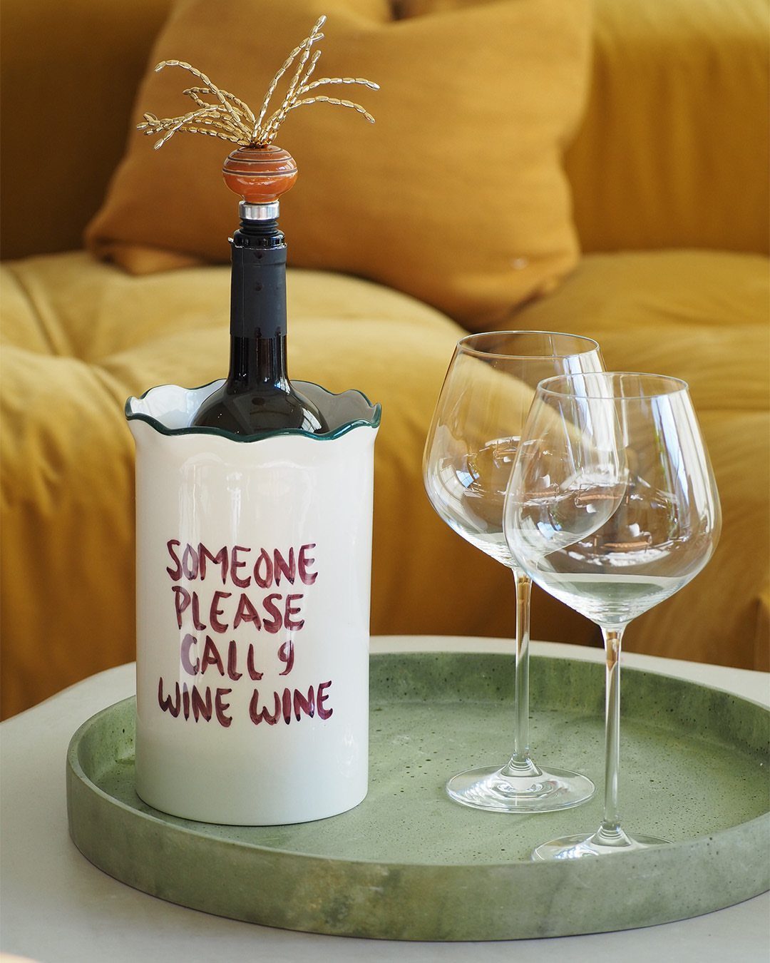 15 Friendsgiving Gift Ideas for Hosts and Guests 7 Wine chiller with funny text and two glasses on a green tray