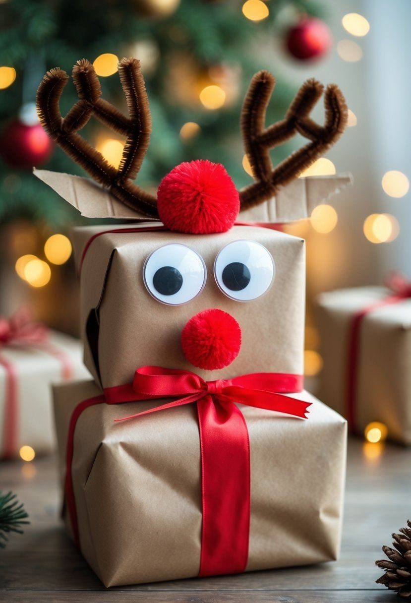 9 Funny Christmas Gift Wrapping Ideas Your Family Will Love 1 Stacked brown paper gift boxes decorated as a reindeer with antlers and red nose.