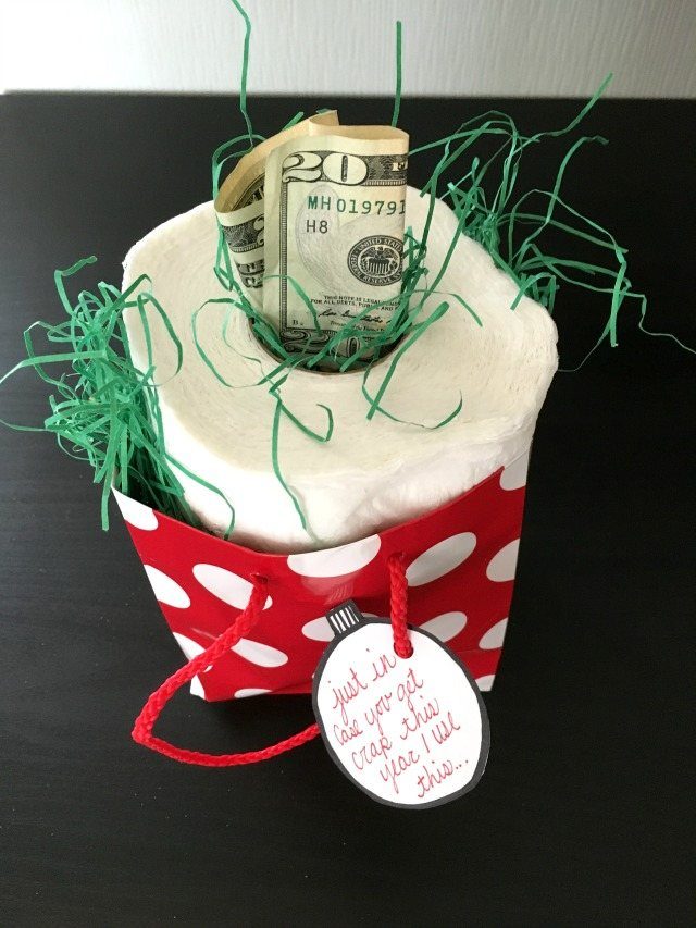 9 Funny Christmas Gift Wrapping Ideas Your Family Will Love 8 Toilet paper roll with a twenty dollar bill in a red polka dot bag