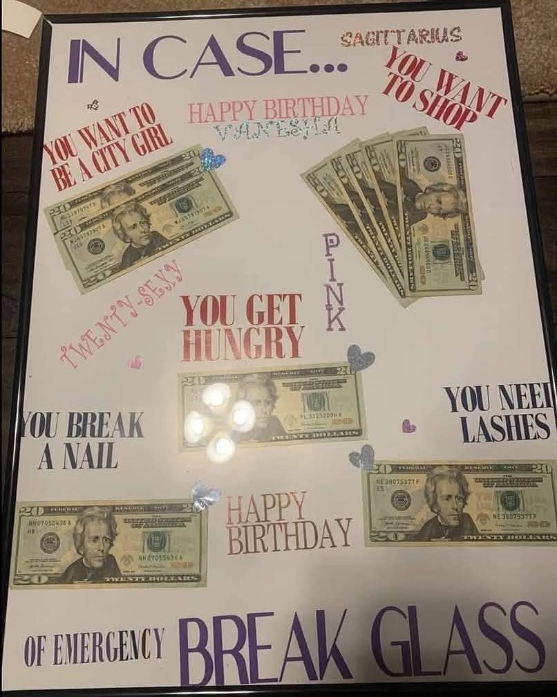 9 Funny Money Gift Ideas to Make Cash Feel Like a Gift 5 Shadow box with twenty-dollar bills and funny emergency text for a birthday gift.