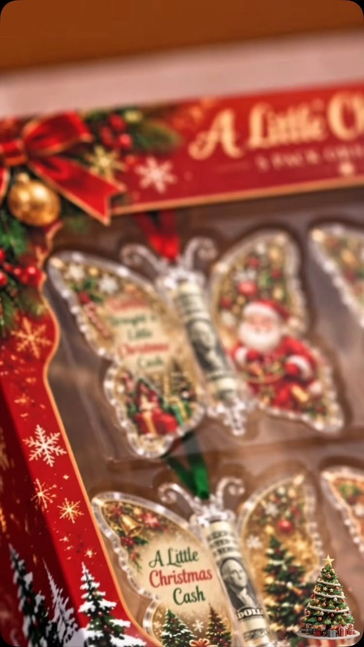 9 Funny Money Gift Ideas to Make Cash Feel Like a Gift 9 Butterfly-shaped Christmas ornaments with rolled dollar bills inside a red gift box.