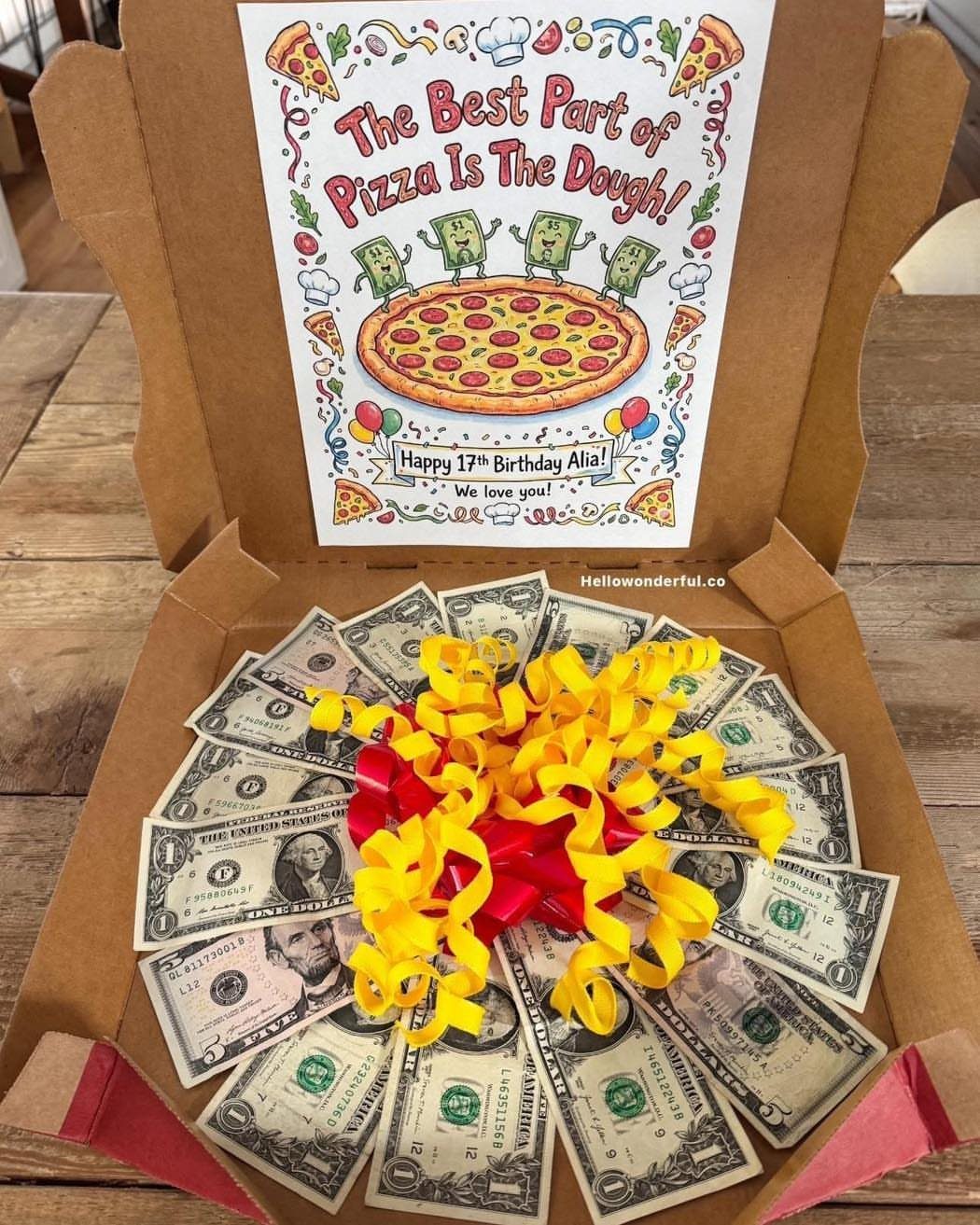 9 Funny Money Gift Ideas to Make Cash Feel Like a Gift 1 US dollar bills arranged like a pizza inside a cardboard pizza box