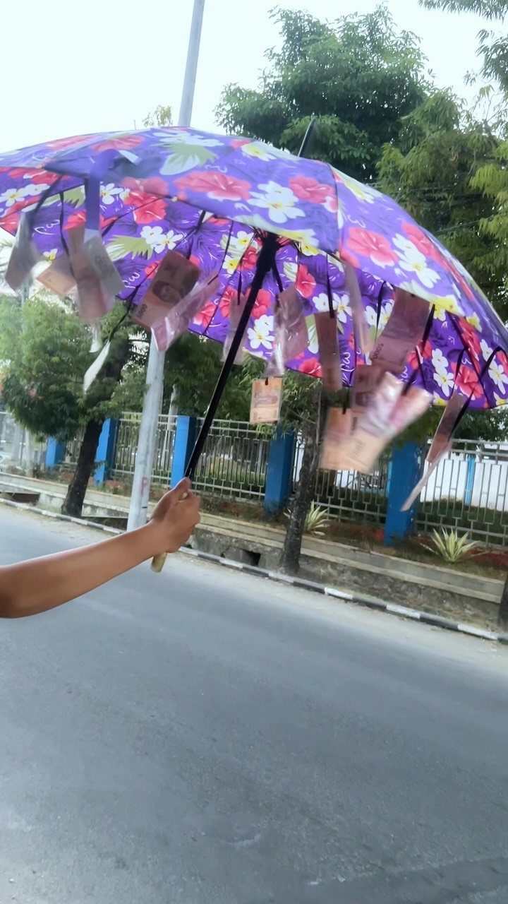 9 Funny Money Gift Ideas to Make Cash Feel Like a Gift 7 Purple floral umbrella with banknotes hanging from the ribs held over a street