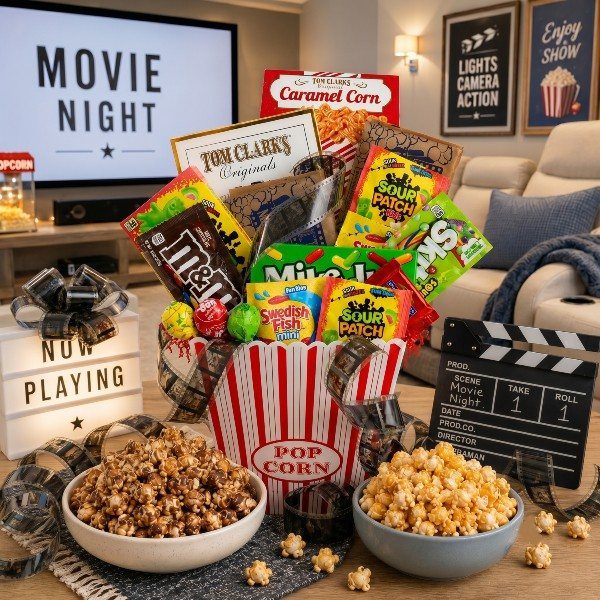 15 Gift Basket Alternative Ideas for Any Occasion 5 Popcorn bucket filled with movie snacks and candy in a living room setting.