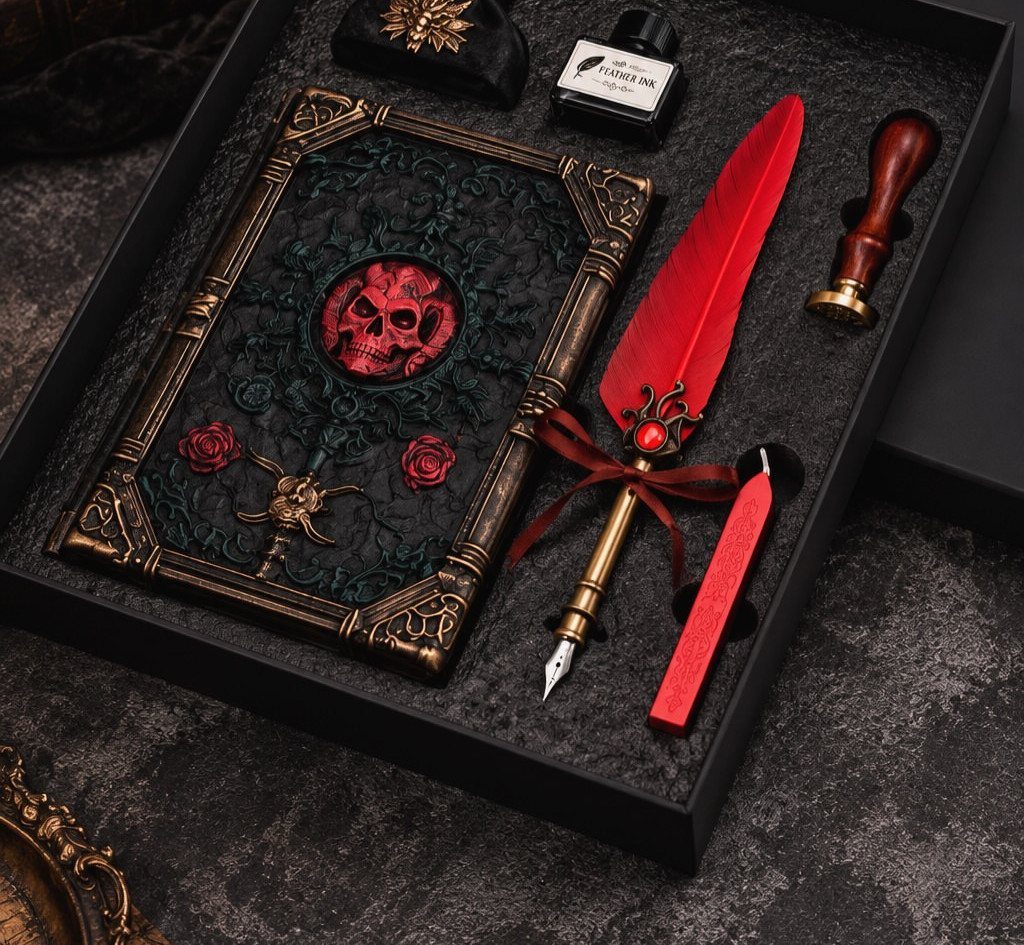 15 Gift Basket Alternative Ideas for Any Occasion 10 Gothic themed gift set with a skull journal, red quill, and ink bottle.