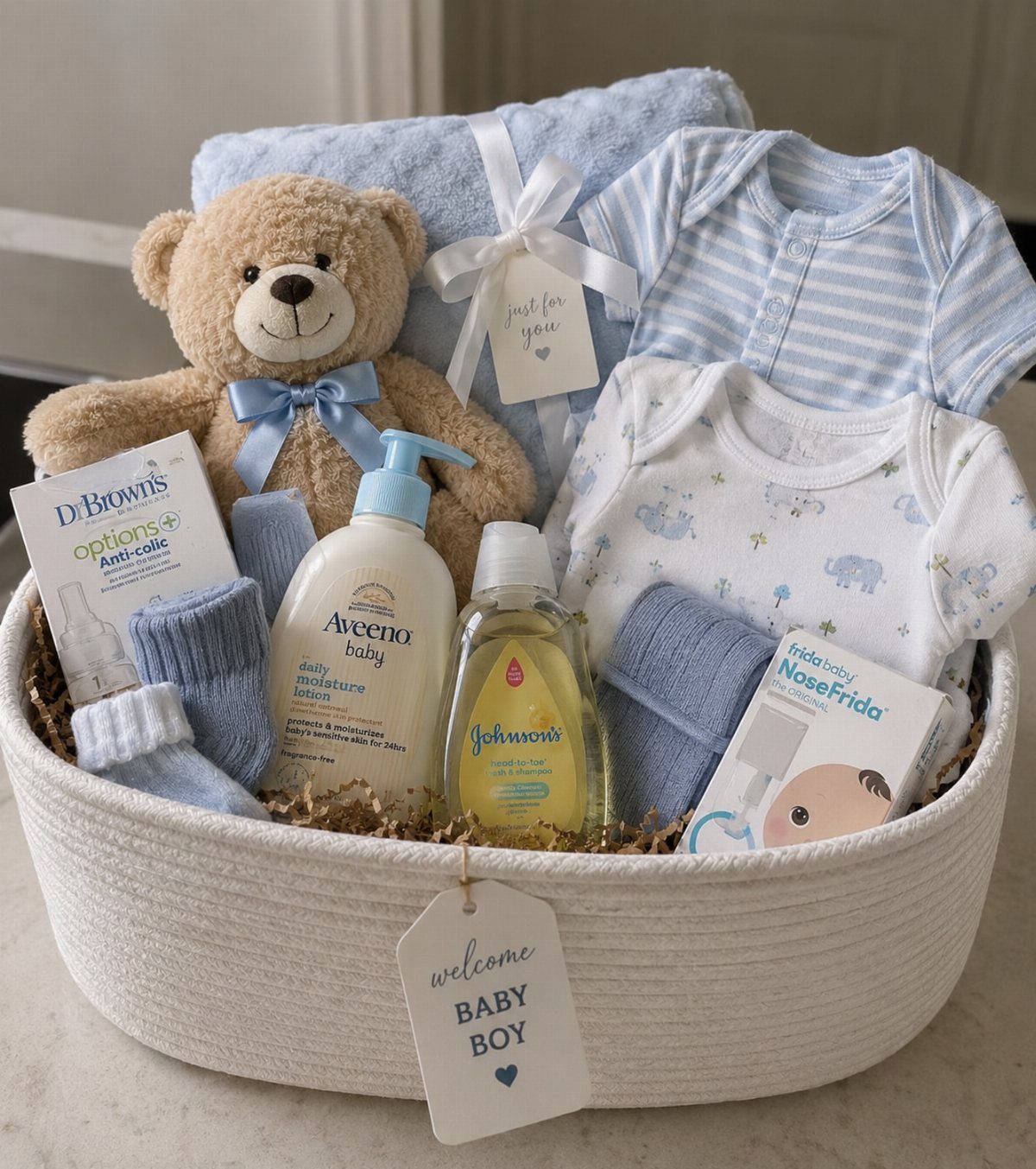 Gift Basket Design: 18 Ideas for Every Occasion 17 Baby shower gift basket with blue clothes, teddy bear, and baby care products.