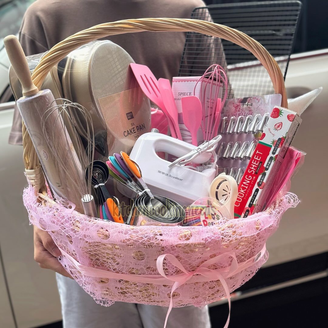Gift Basket Design: 18 Ideas for Every Occasion 12 Baking gift basket with pink lace, hand mixer, whisks, and rolling pin.