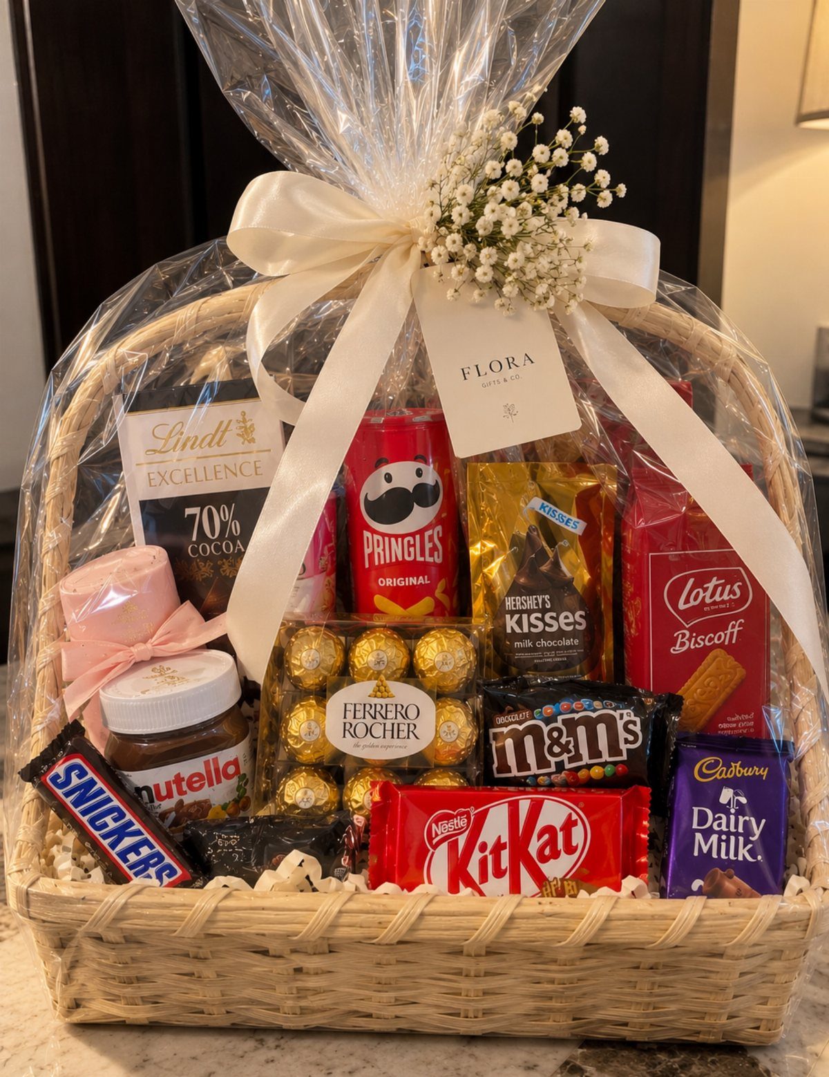 Gift Basket Design: 18 Ideas for Every Occasion 2 Wicker gift basket filled with assorted chocolates and snacks wrapped in clear cellophane.