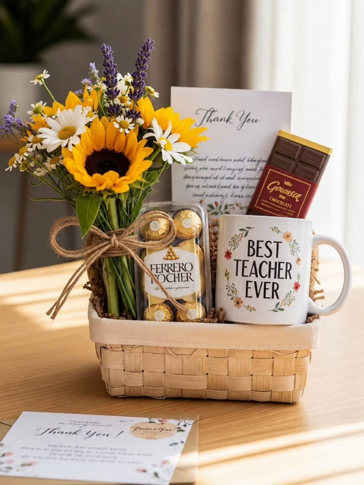 Gift Basket Design: 18 Ideas for Every Occasion 10 Woven gift basket with sunflowers, chocolates, a thank you card, and teacher mug.