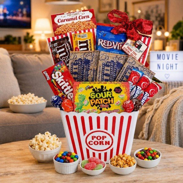 Gift Basket Design: 18 Ideas for Every Occasion 7 Popcorn bucket filled with movie snacks and candies on a wooden coffee table.