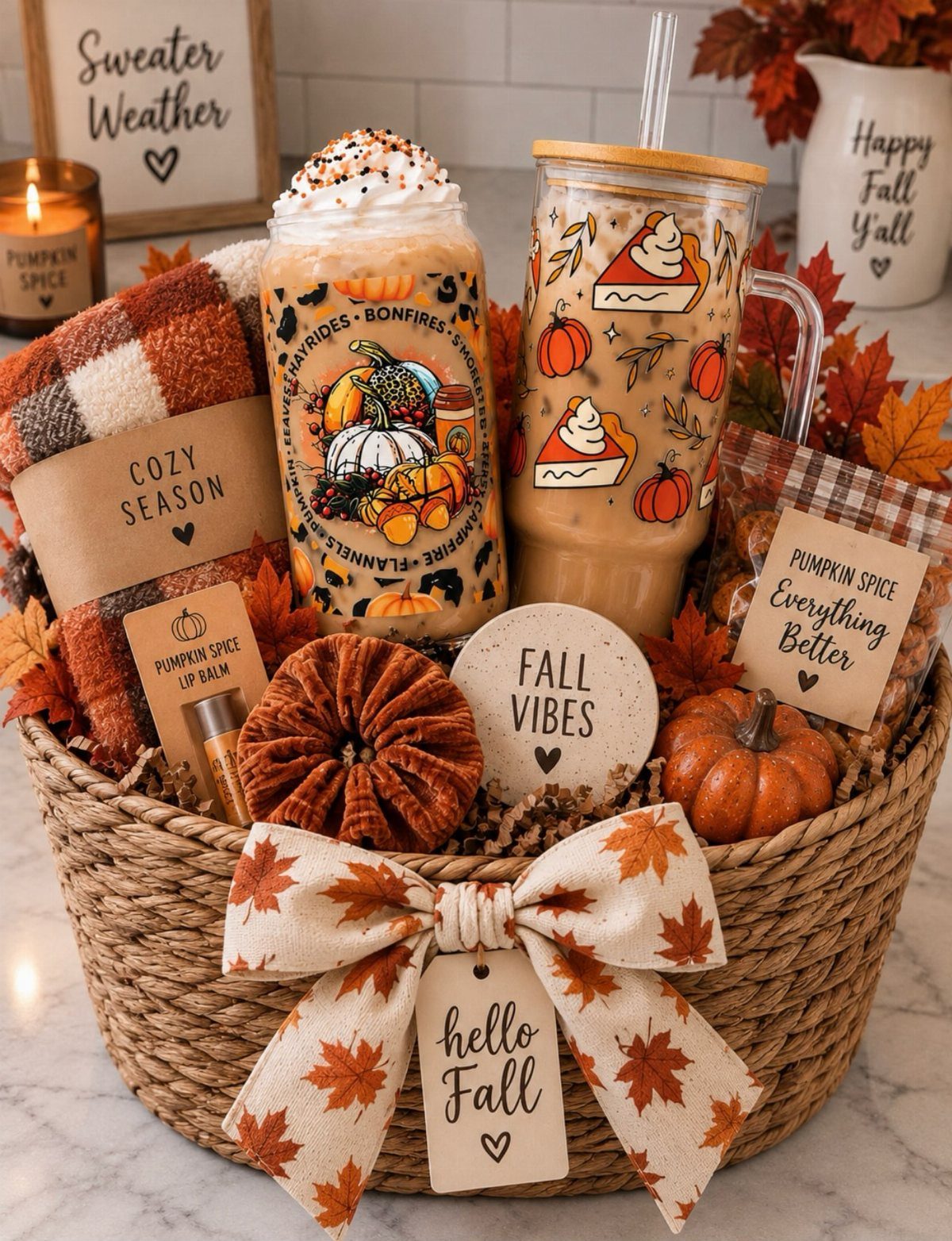 Gift Basket Design: 18 Ideas for Every Occasion 14 Autumn gift basket with pumpkin drinks, a small pumpkin, and fall-themed tags.