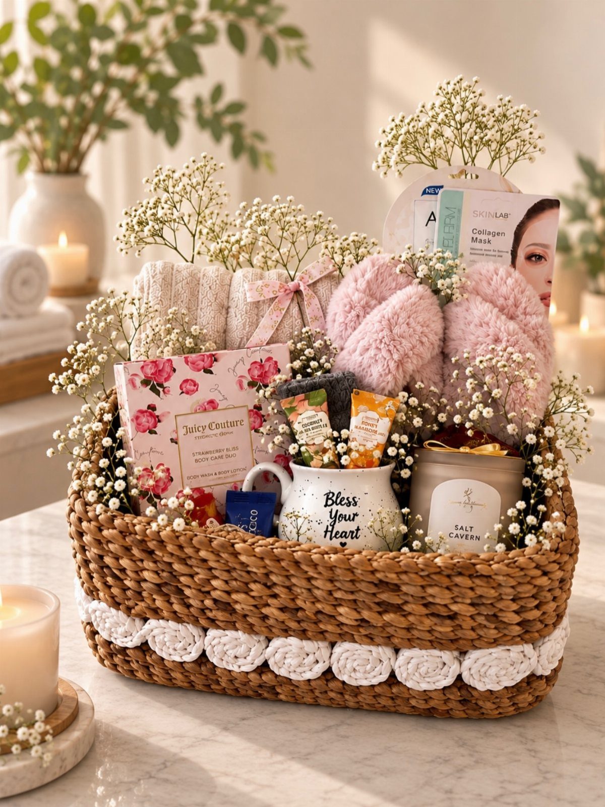 Woven spa gift basket with pink slippers, white towels, and self-care beauty products.